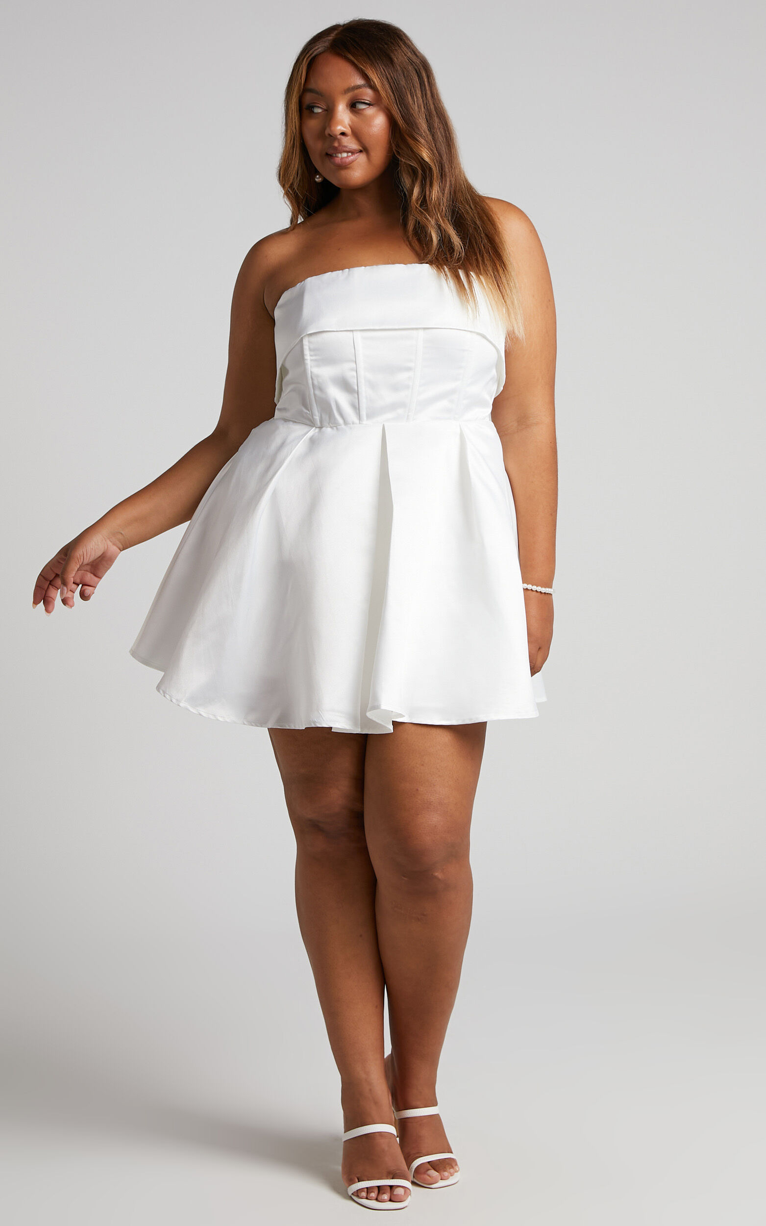 Valora Mini Dress - Strapless Fit and Flare Satin Dress in Ivory