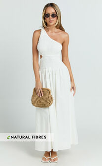 Larose Midi Dress - One Shoulder Tie Side Cut Out Dress Fit and Flare Dress in White