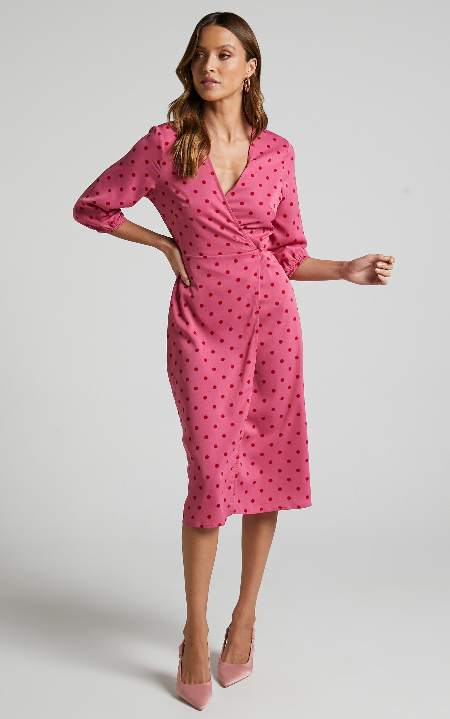Bethrix Midi Dress 3 4 Sleeve Wrap Dress in Pink and Red Polka Dot Showpo USA