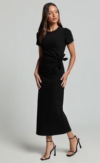 Penny Midi Dress - Short Sleeve Side Tie Jersey Dress in Black