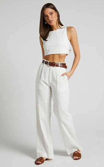 Larissa Trousers - Linen Look Mid Waisted Relaxed Straight Leg Trousers in White