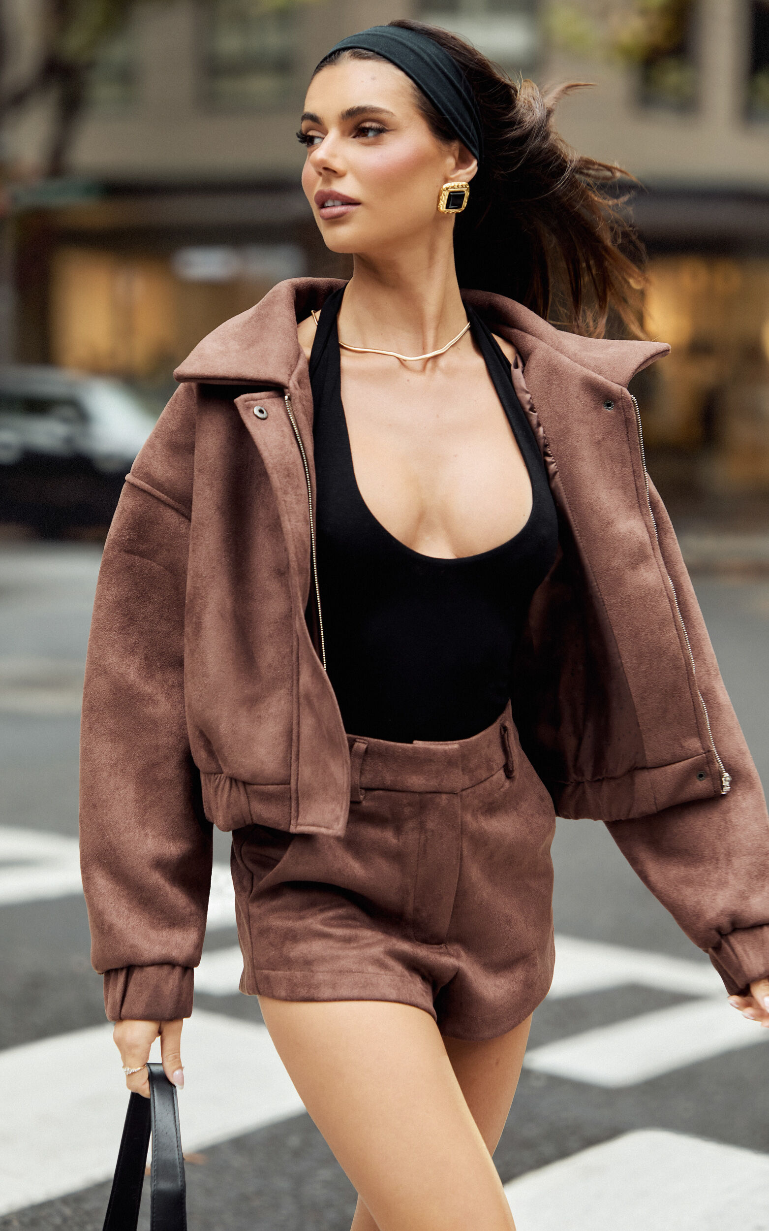 Nessa Jacket - Faux Suede Oversized Cropped Bomber Jacket in Dark Chestnut - 06, BRN1