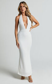 Ada Maxi Dress - Halter Plunge Textured Jersey Open Back Dress in White ...
