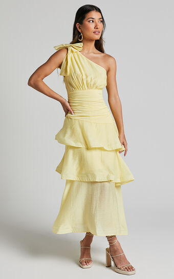 Eugenia Midi Dress - One Shoulder Fit and Flare Layered Dress in Yellow