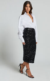 Hasley Midi Skirt - Sequin Bodycon Skirt in Black | Showpo USA