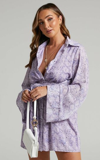 Hadid Mini Dress - Button Down Waist Tie Shirt Dress in Lilac Snake Print
