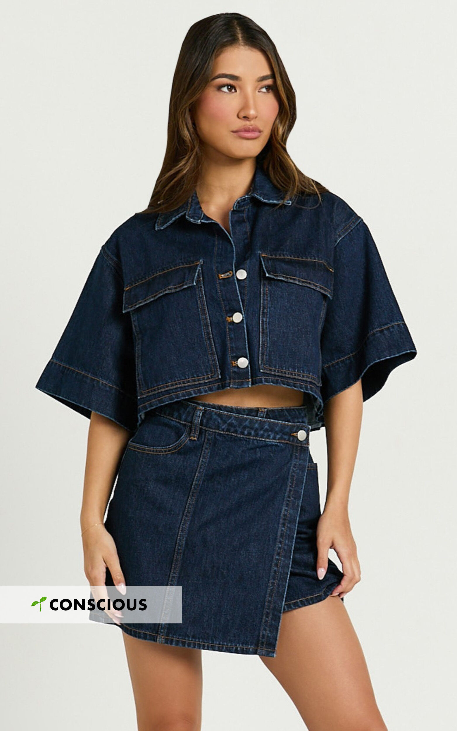 Katherine Mini Skirt - Cross Front Recycled Denim Skirt in Dark Blue Wash - 06, BLU1