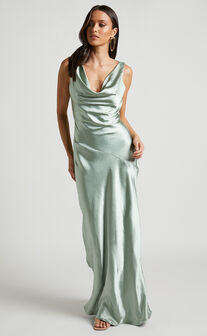 Adilah Maxi Dress - Cowl Neck Satin Dress in Pistachio