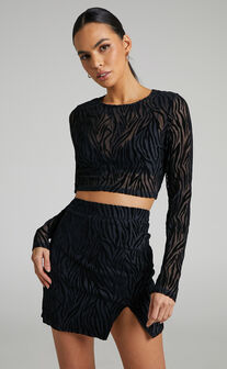 Andrik Two Piece Set - Mesh Long Sleeve Crop Top and Mini Skirt Set in Black Zebra