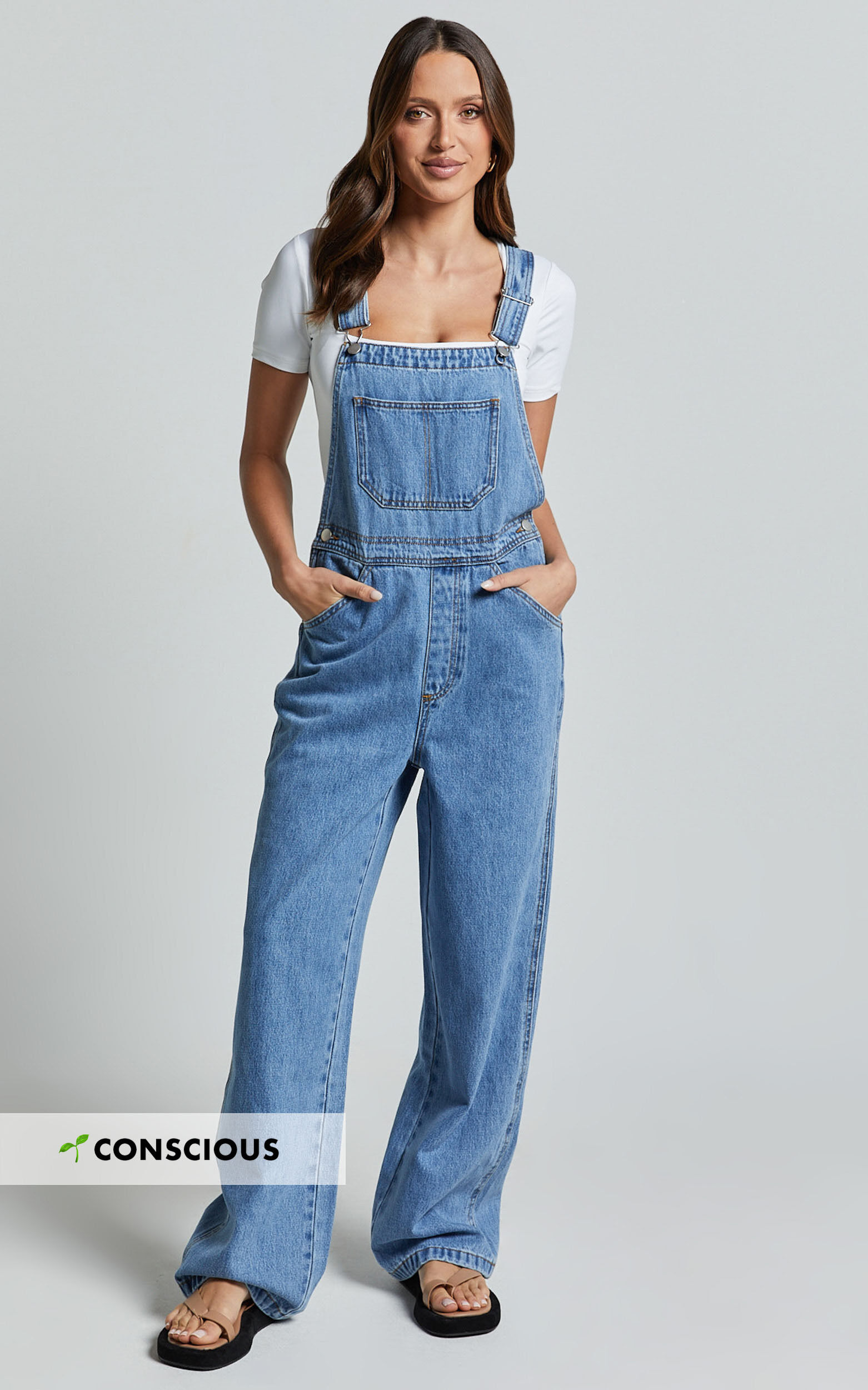 Brixton Jumpsuit Straight Leg Denim Overalls in Mid Blue Wash