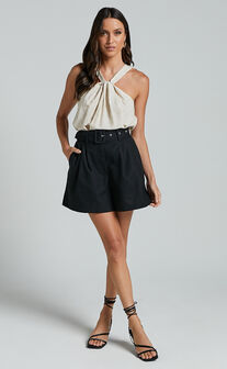 Charline Shorts - Linen Look High Waisted Tailored Front Pleated Belted Shorts in Black