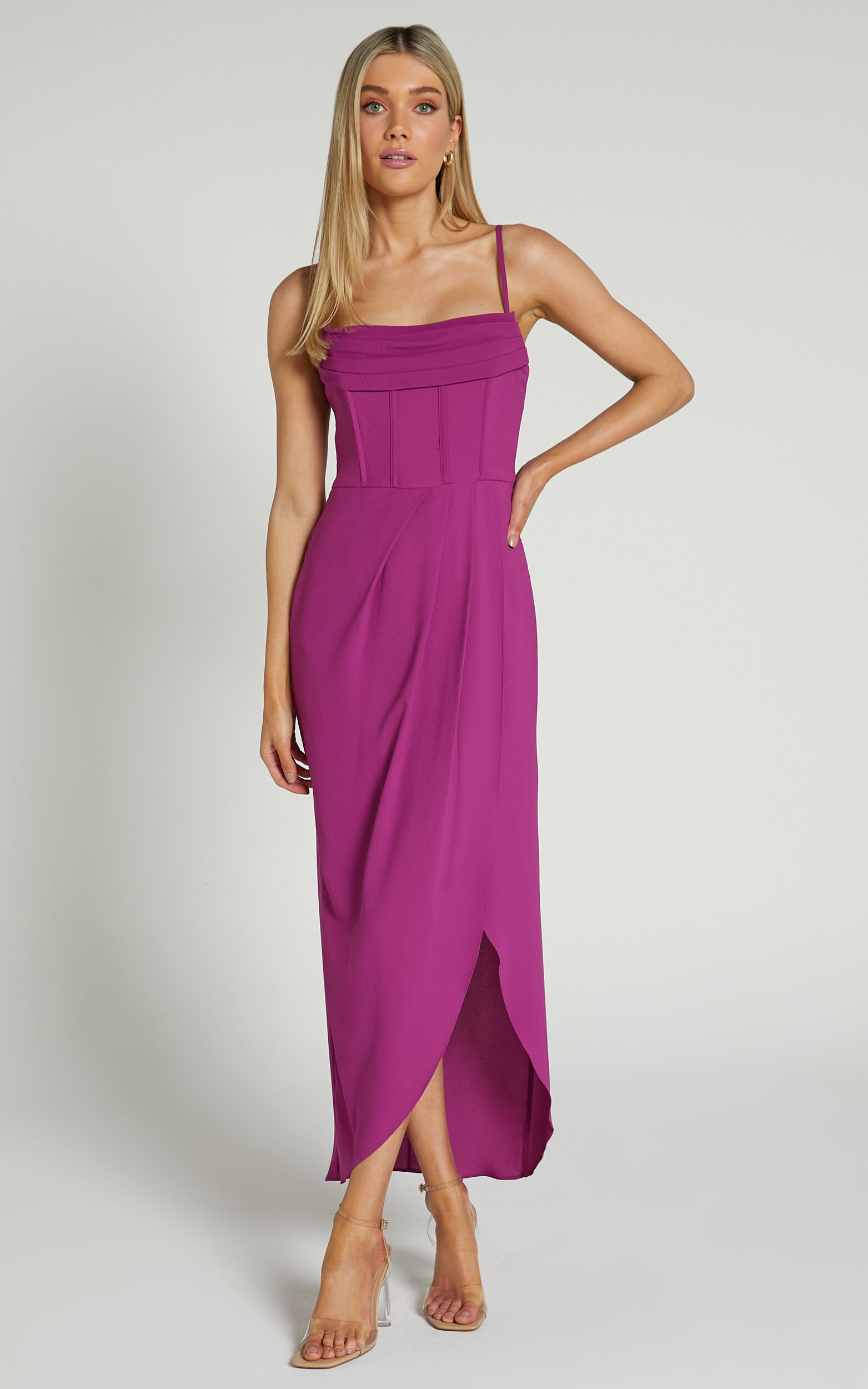 Andrina Midi Dress - High Low Wrap Corset Dress in GRAPE - 08, PRP7
