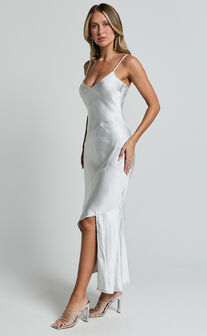 Ylona Maxi Dress - Asymmetric Draped Bias Cut Satin Slip Dress in Oyster