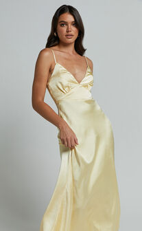 Lorenzia Maxi Dress - Plunge Corset Underbust Detail Satin Dress in Lemon