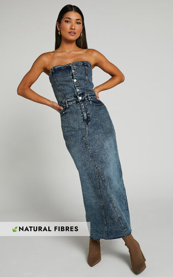 Reed Midi Dress - Strapless Button Down Dress in Dark Wash