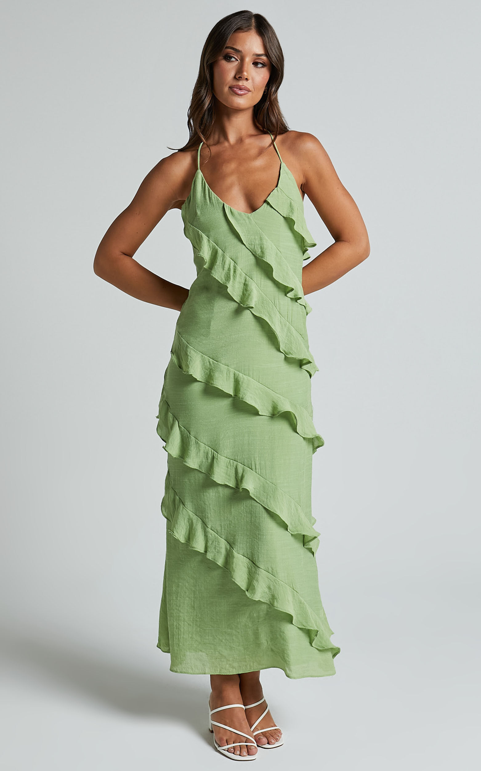 Brayden Midi Dress V Neck Ruffle Dress in Green