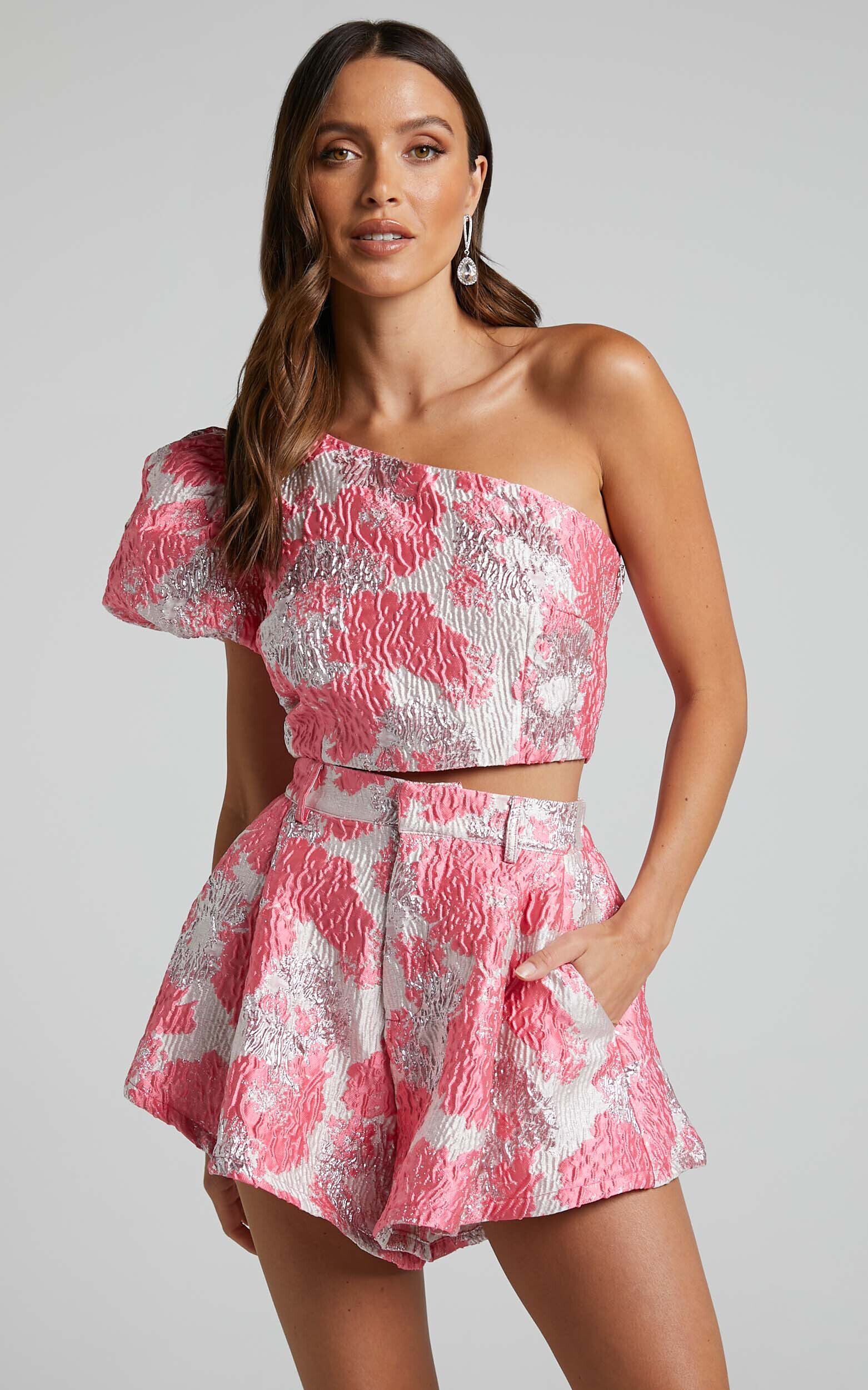 Brailey Two Piece Set - One Shoulder Puff Sleeve Top and Shorts Set in  Light Pink Jacquard | Showpo USA