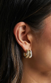Edith Earrings - Triple Hoop Pearl Detail Earrings in Gold