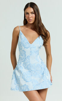 Gianni Mini Dress -  Plunge A Line Low Back Dress in Light Blue