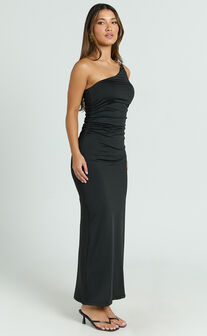 Debbie Maxi Dress - One Shoulder Trim Detail Dress in Black