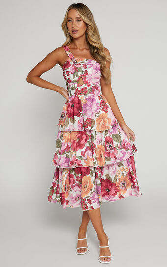 Caro Midi Dress - One Shoulder Tiered Dress in Spring Floral