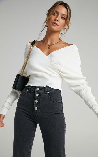 Petra Top - Long Sleeve Wrap Ribbed Knit Top in Cream