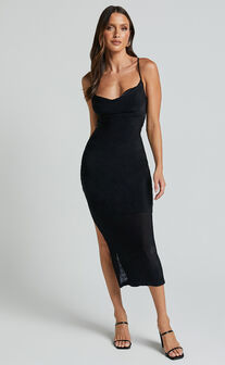 Andre Midi Dress - Cowl Neck Ruched Dress in Black