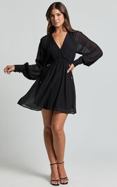 Xandria Mini Dress - Blouson Sleeve Cut Out Dress in Black | Showpo