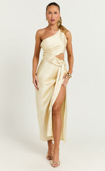 Regina Midi Dress - One Shoulder Cut Out Side Detail  Dress in Butter