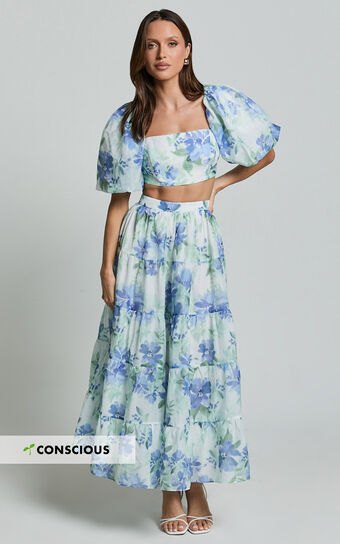 Amalie The Label - Rosa Crop Top and Tiered Maxi Skirt Two Piece Set in Elysian Print