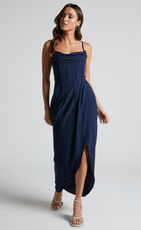 Diamona Midi Dress - Velvet Thigh Split V Neck Dress in Navy