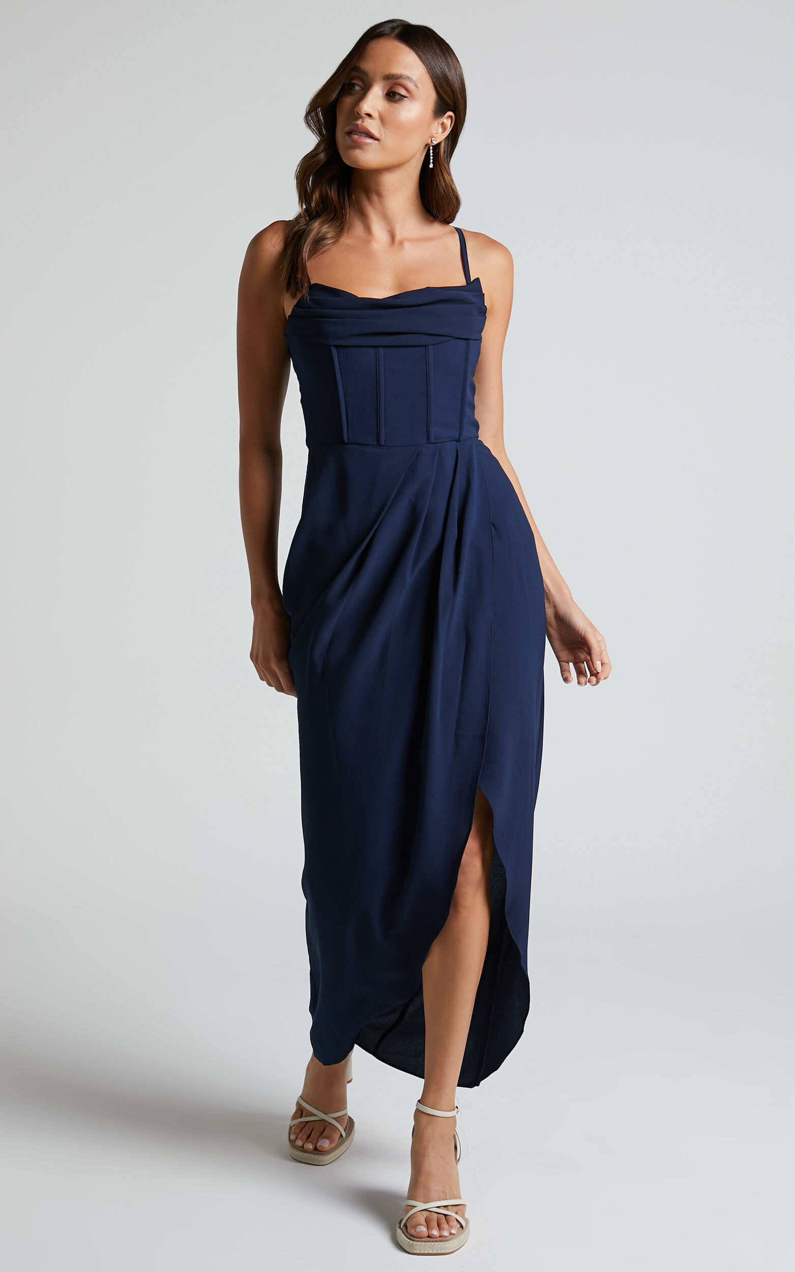 Andrina Midi Dress - High Low Wrap Corset Dress in Navy - 04, NVY3