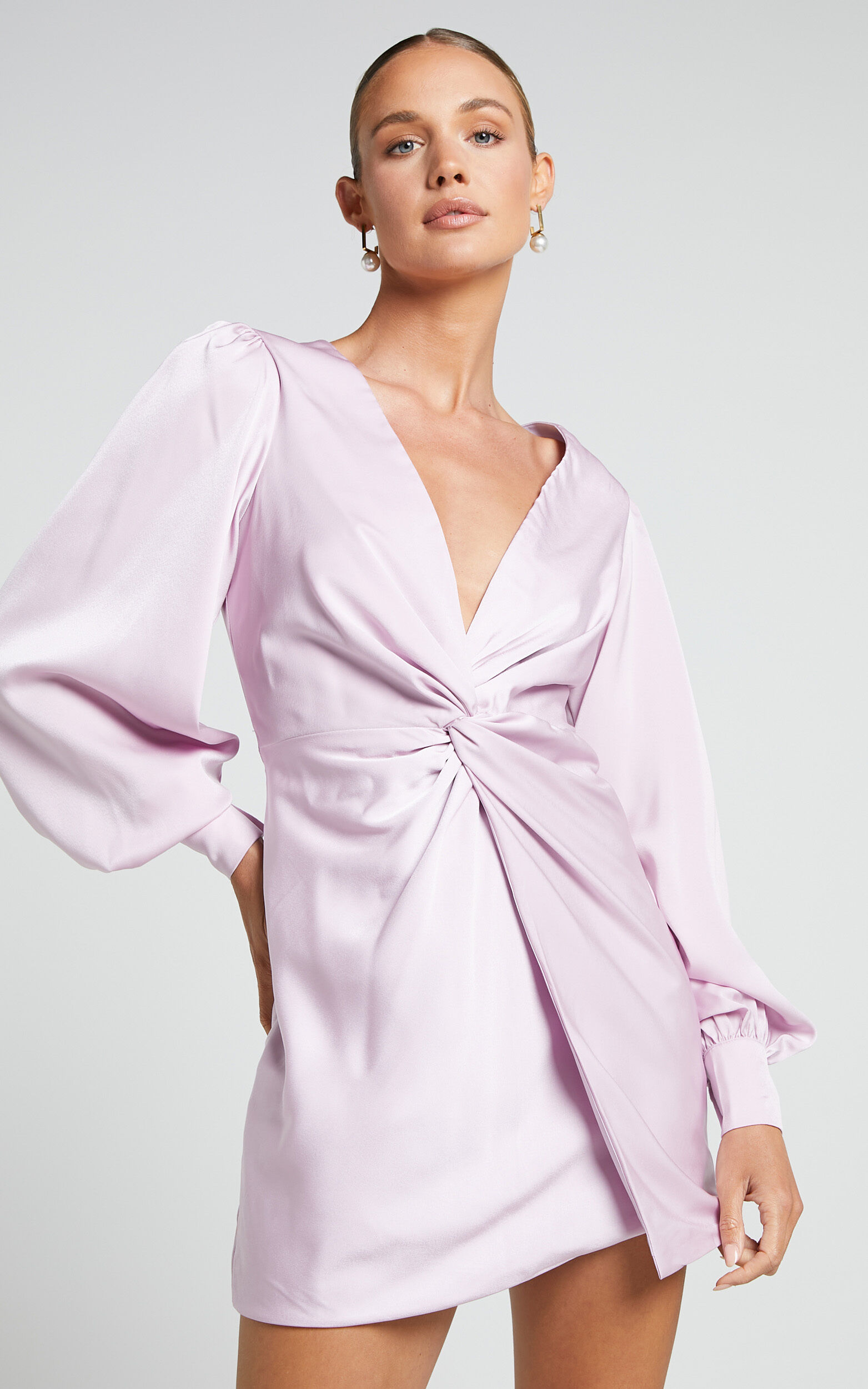 Billie Mini Dress - Twist Front Long Puff Sleeves Dress in Icy Pink - 04, PNK1