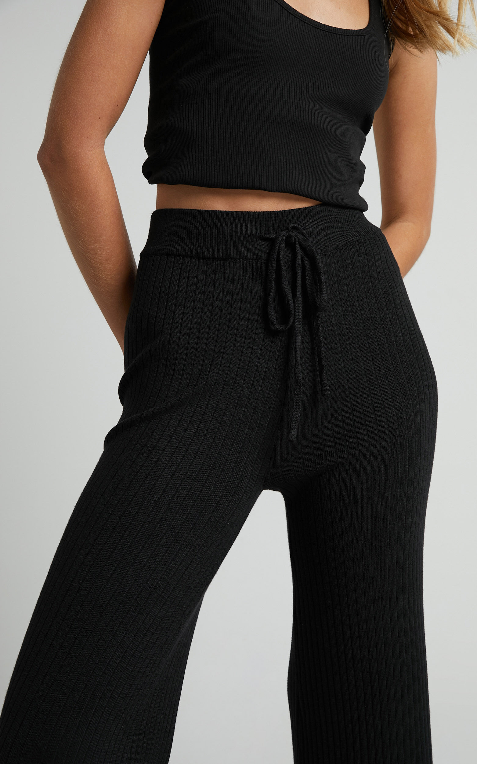 Black Lurex Pants - Ribbed Knit Pants - High-Rise Sweater Pants