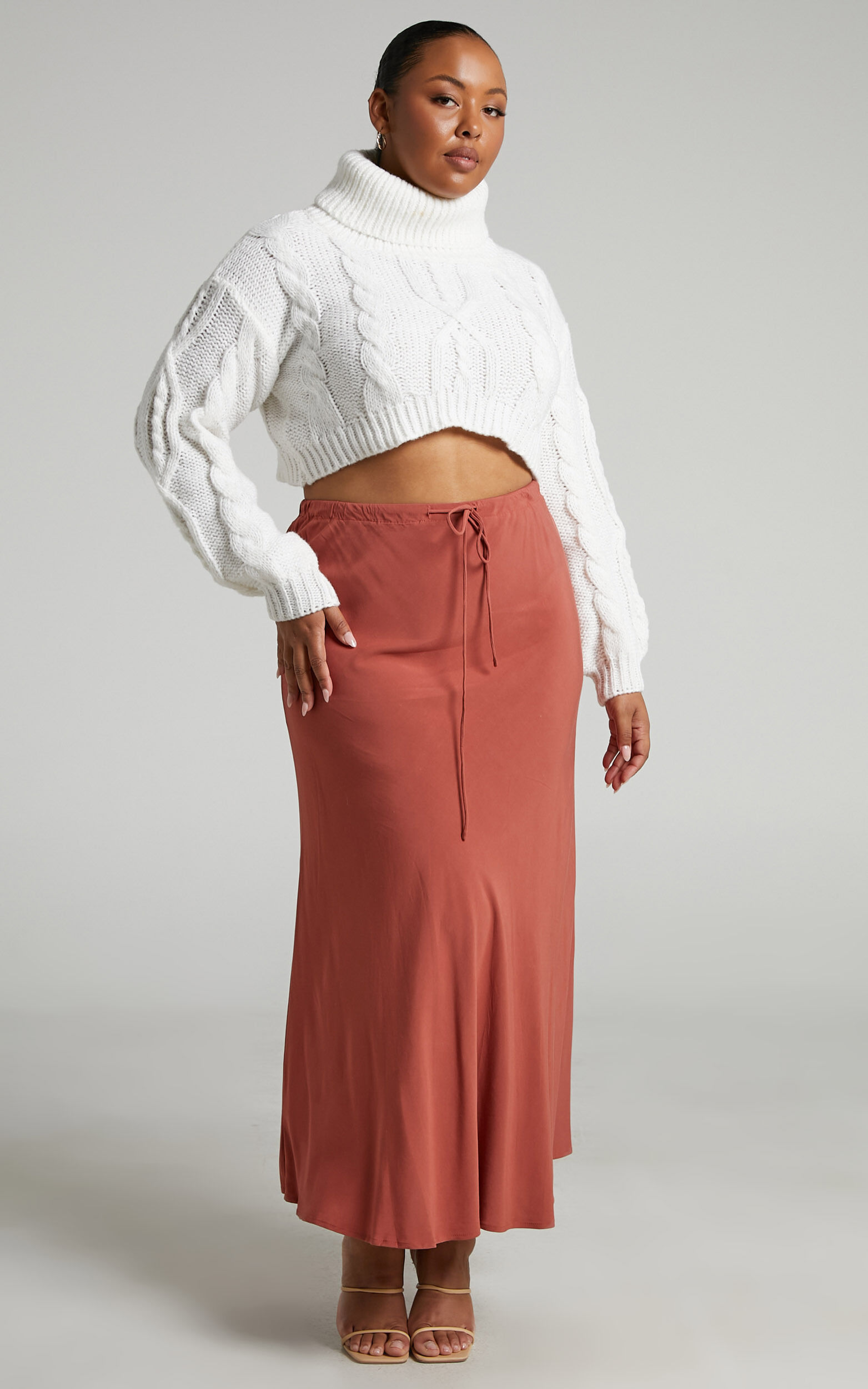 Devina Bias Cut Midi Skirt in Clay Showpo
