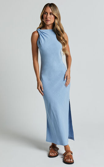 Jessenia Maxi Dress - Linen Look High Neck Dress in Blue