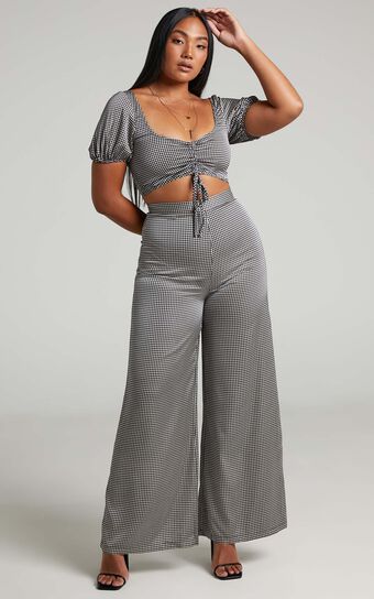 Modina Pants - High Waisted Wide Leg Pants in Houndstooth