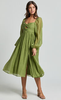 Zahara Midi Dress - Blouson Sleeve Cut Out Dress in Green
