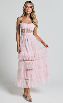 Evelynn Maxi Dress - Sweetheart Corset Bodice Fit & Flare Tiered in Ballet Pink