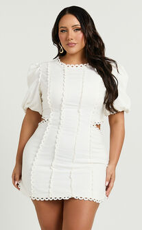 Laila Mini Linen Blend Dress - High Neck Side Cut Out Puff Sleeve Straight Dress in Off White