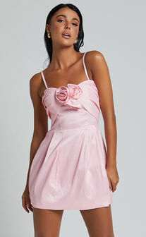Amberle Mini Dress - Strappy Rosette Detail Bodice Dress in Pink