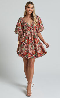 Amalie The Label - Loleta Linen Blend Short Balloon Sleeve Low Back Mini Dress in Musee Print