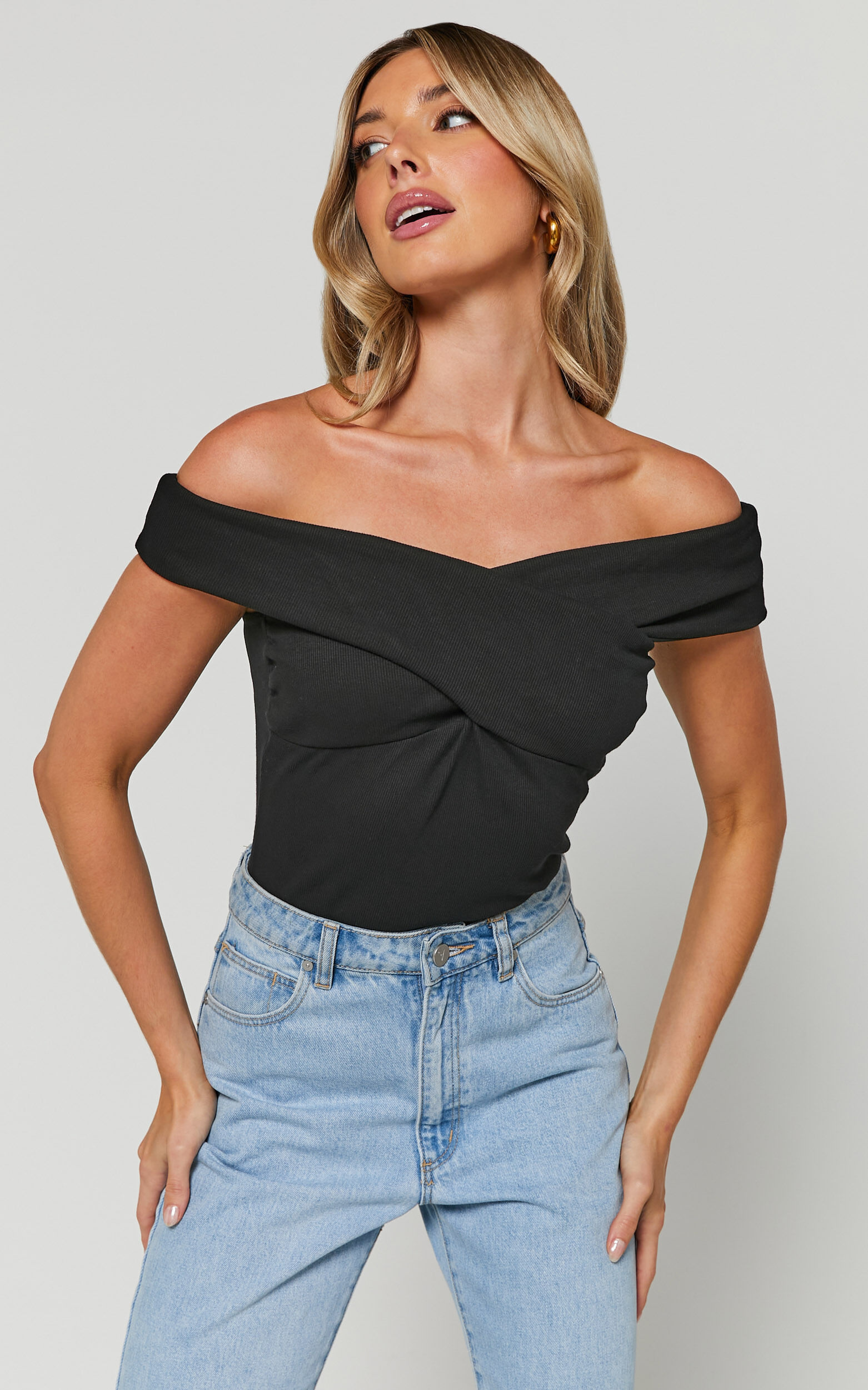 Everlane Bodysuit Off Shoulder Wrap Bodysuit in Black Showpo