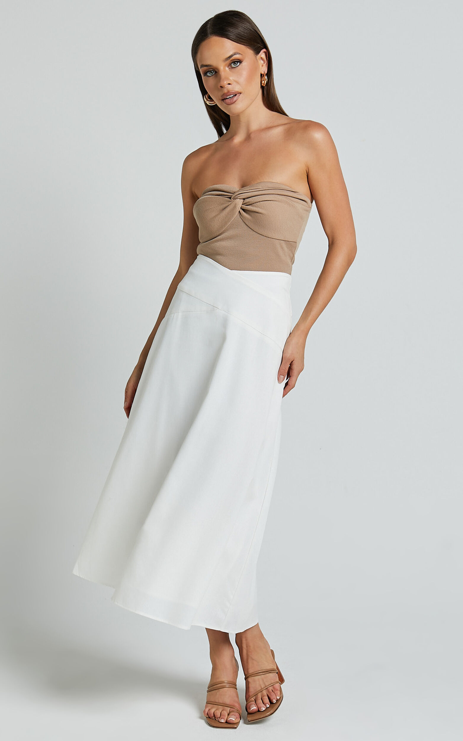 Sundry Midi Skirt - Linen Look High Waisted Cross Front Detail Skirt in Off White - 06, WHT1
