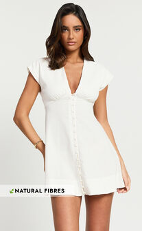 Tallulah Mini Dress - Linen Look V Neck A Line Dress in White