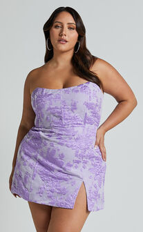 Brailey Mini Dress - Strapless Dress in Purple Jacquard