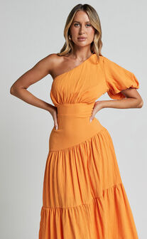Ciara Midi Dress - One Shoulder Short Puff Sleeve Tiered Dress in Mango