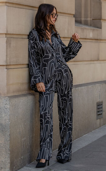Janissa Pants - High Waisted Wide Leg Pants in Black and White Linear