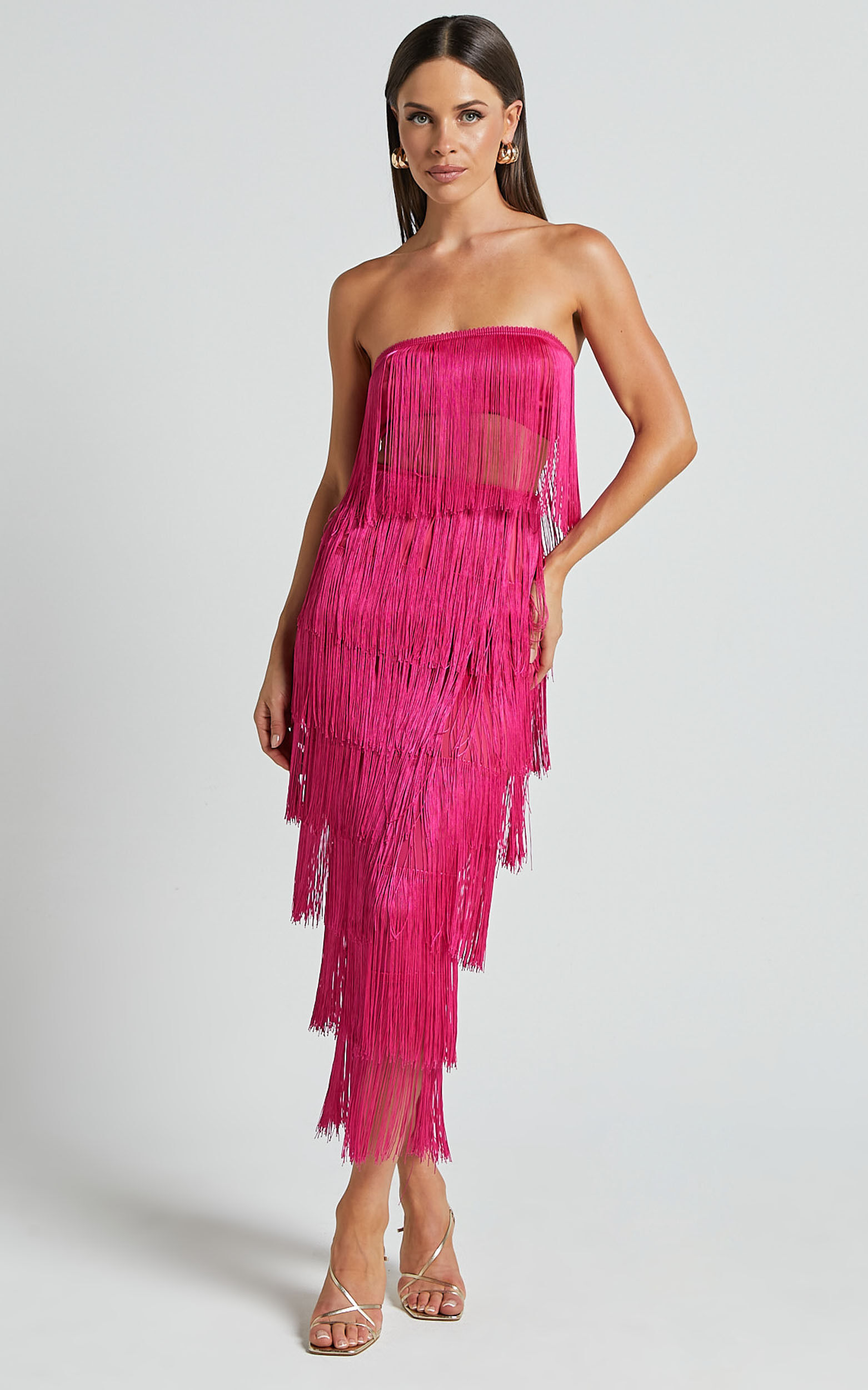 Amalee Two Piece Set Fringe Strapless Crop Top and Midi Skirt Set in Pink