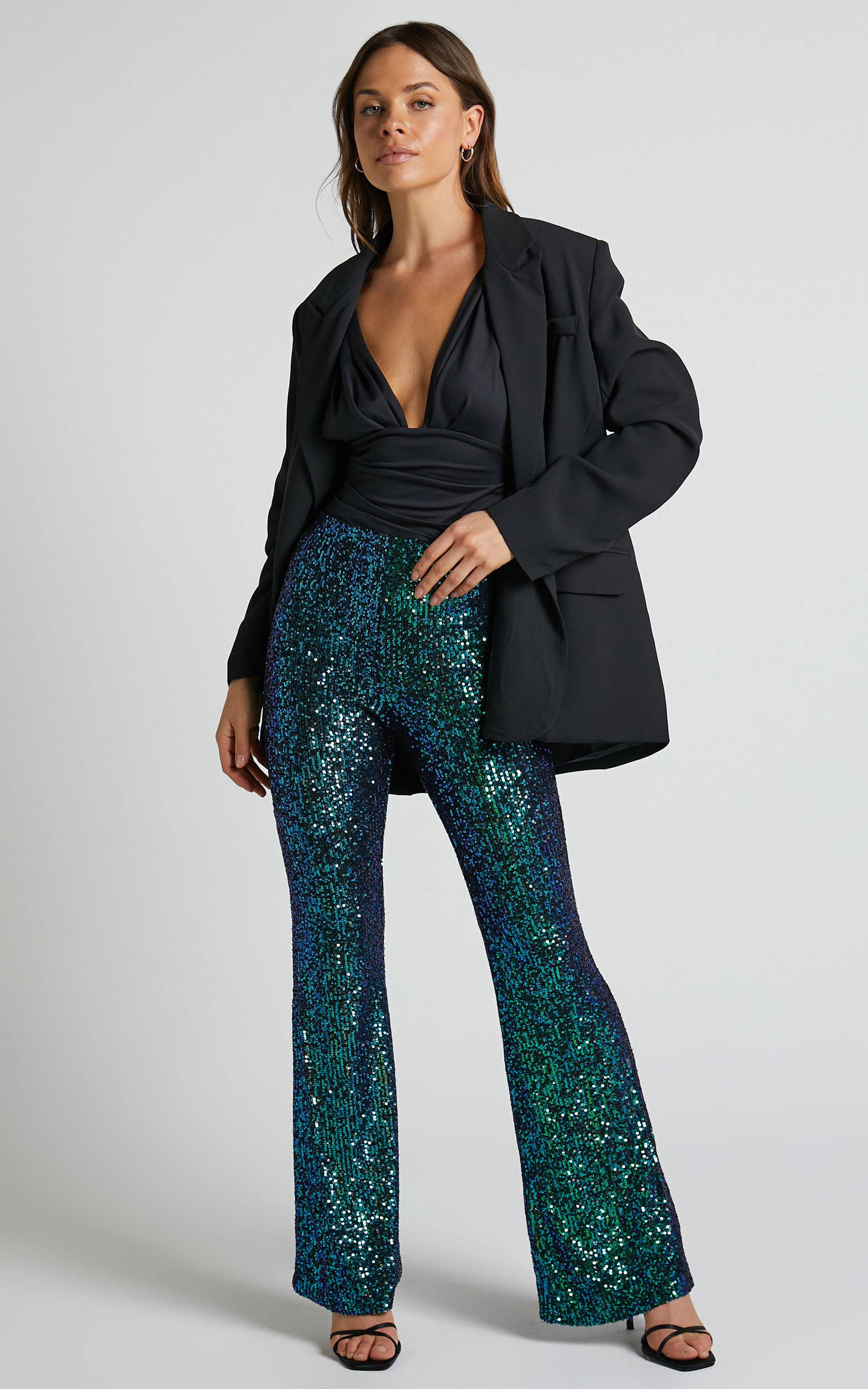 Deliza Pants - Mid Waisted Sequin Flare Pants in Mermaid Teal | Showpo NZ